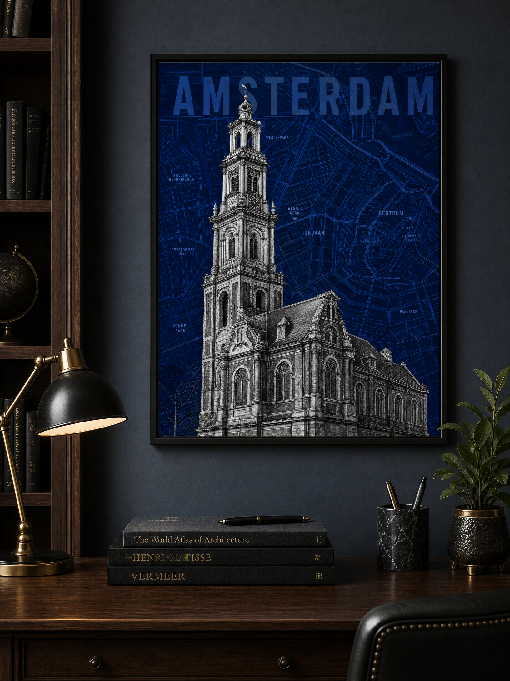 Amsterdam map art print, Westerkerk, framed mockup