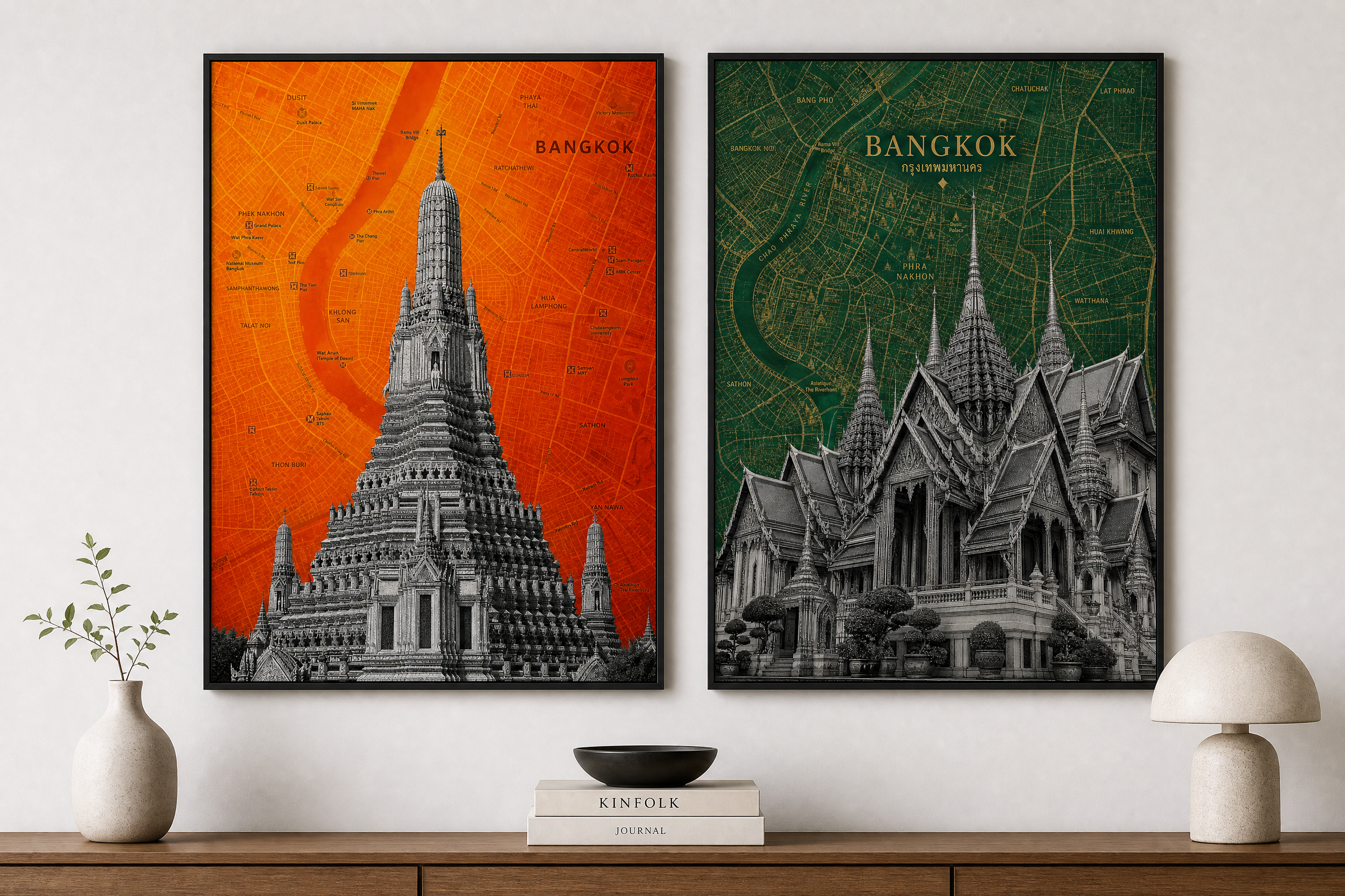 Bangkok map art print, both prints shown together
