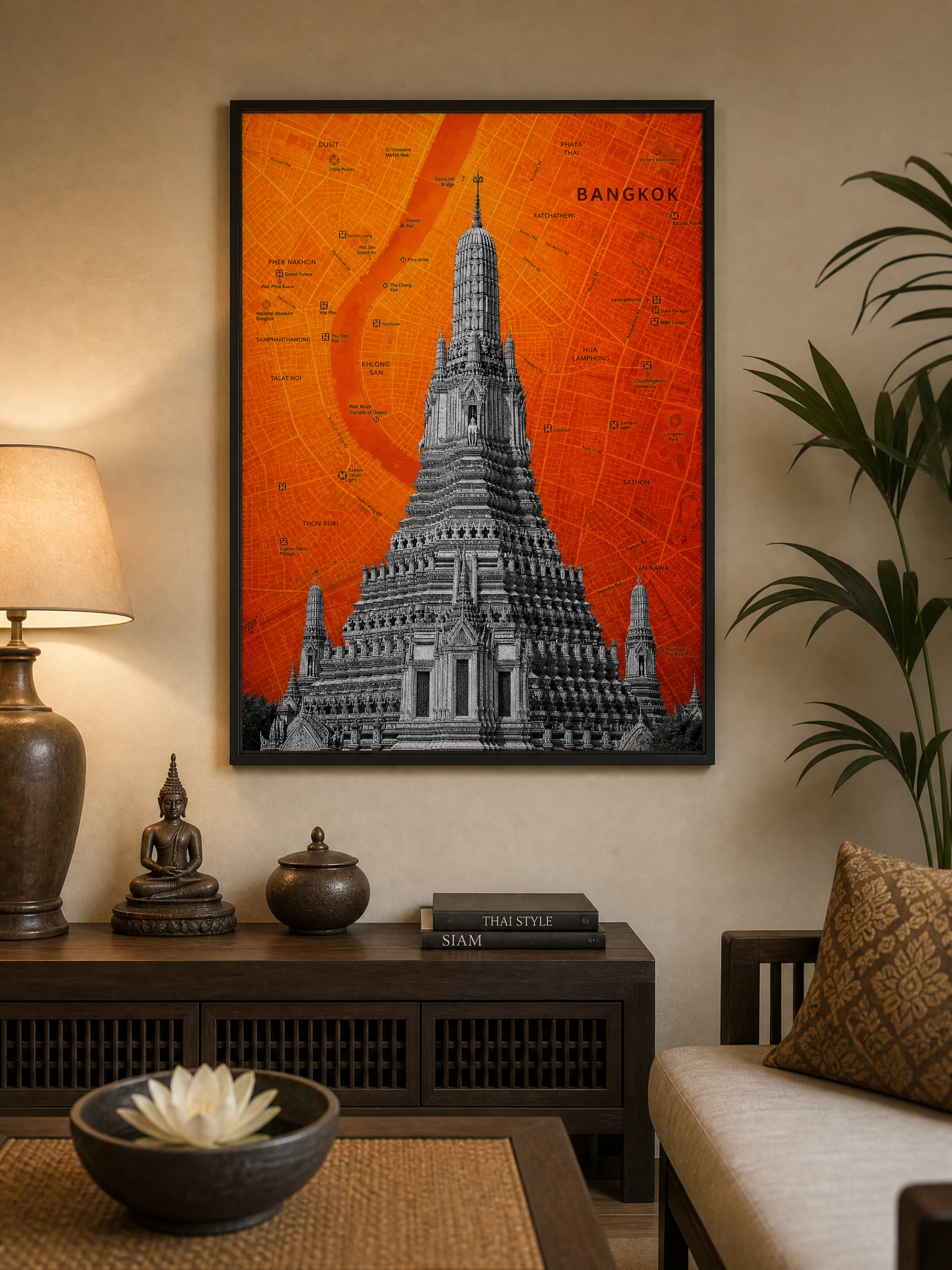 Bangkok map art print, Wat Arun, framed mockup