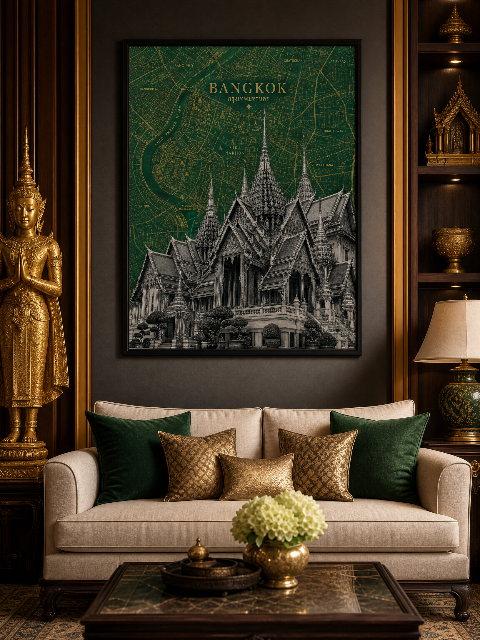 Bangkok map art print, Grand Palace, framed mockup