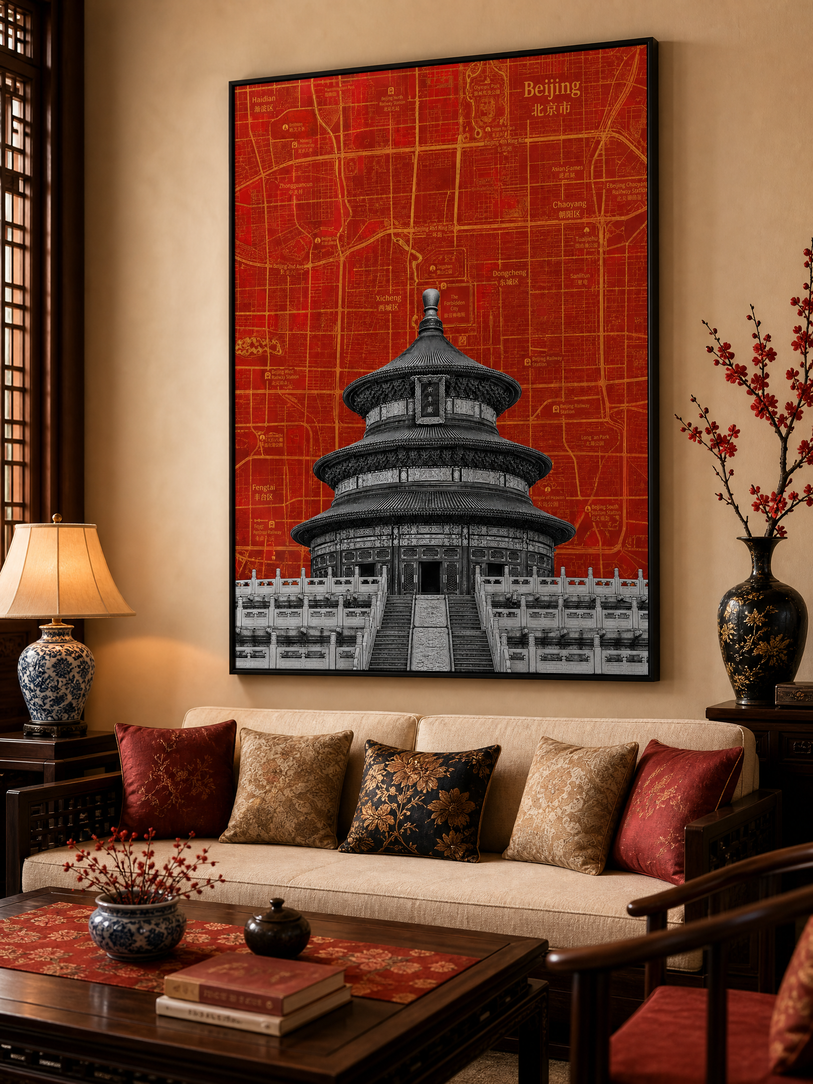 Beijing map art print, Temple of Heaven, framed mockup