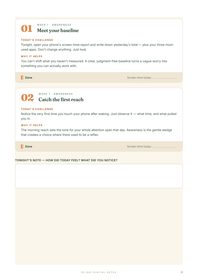 A week one daily page with the evening reflection note