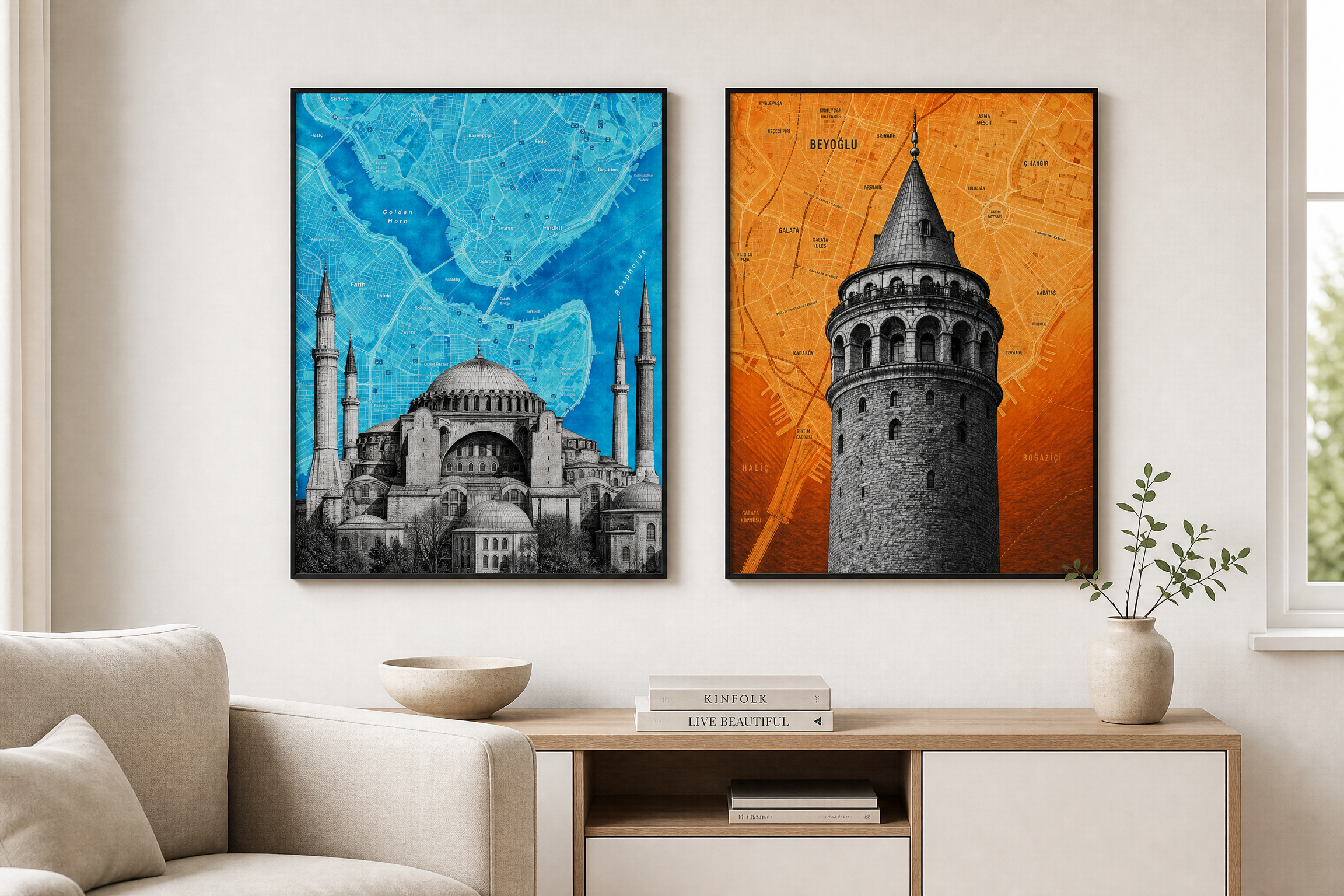 Istanbul map art print, both prints shown together