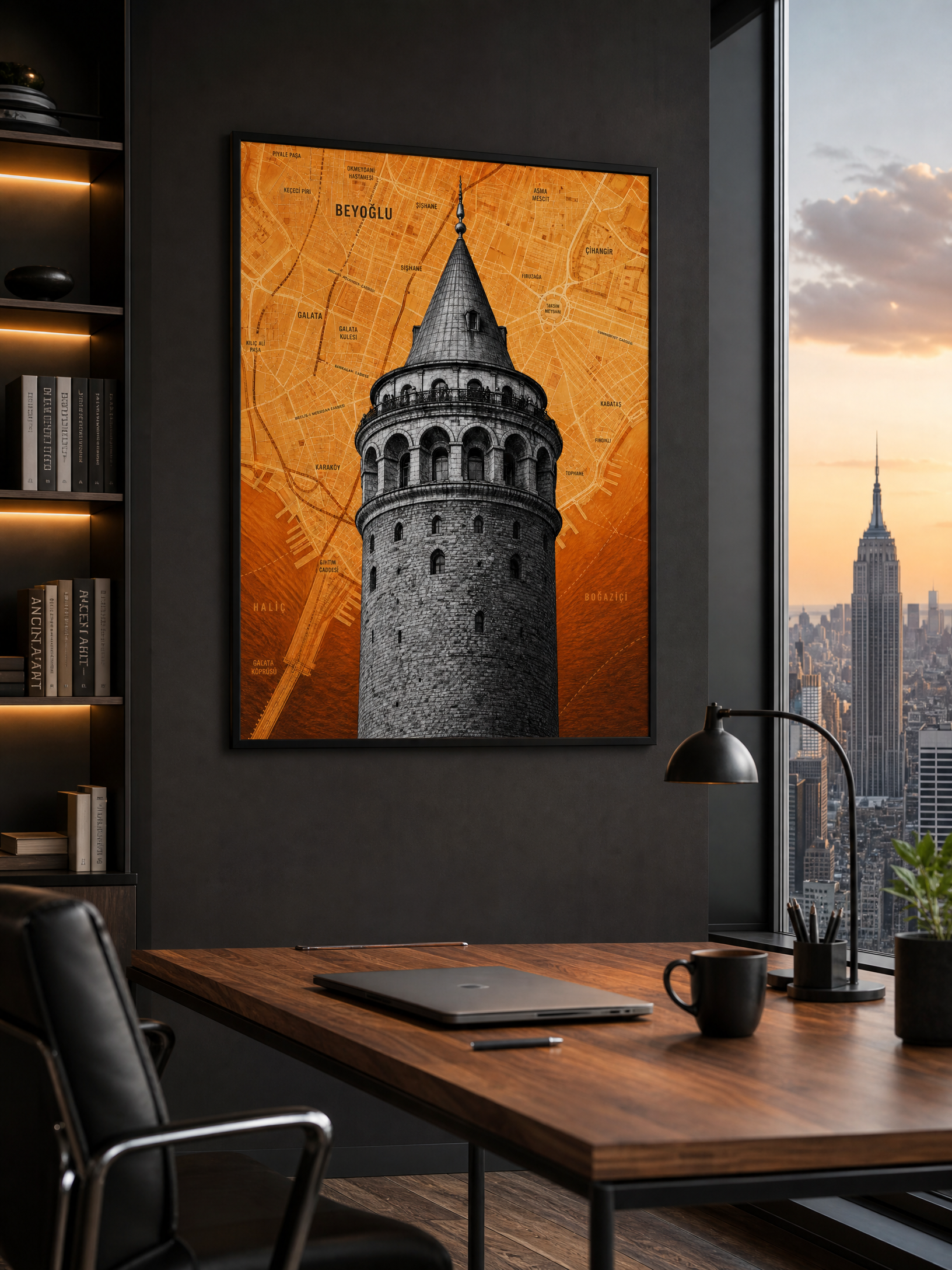 Istanbul map art print, Galata Tower, framed mockup