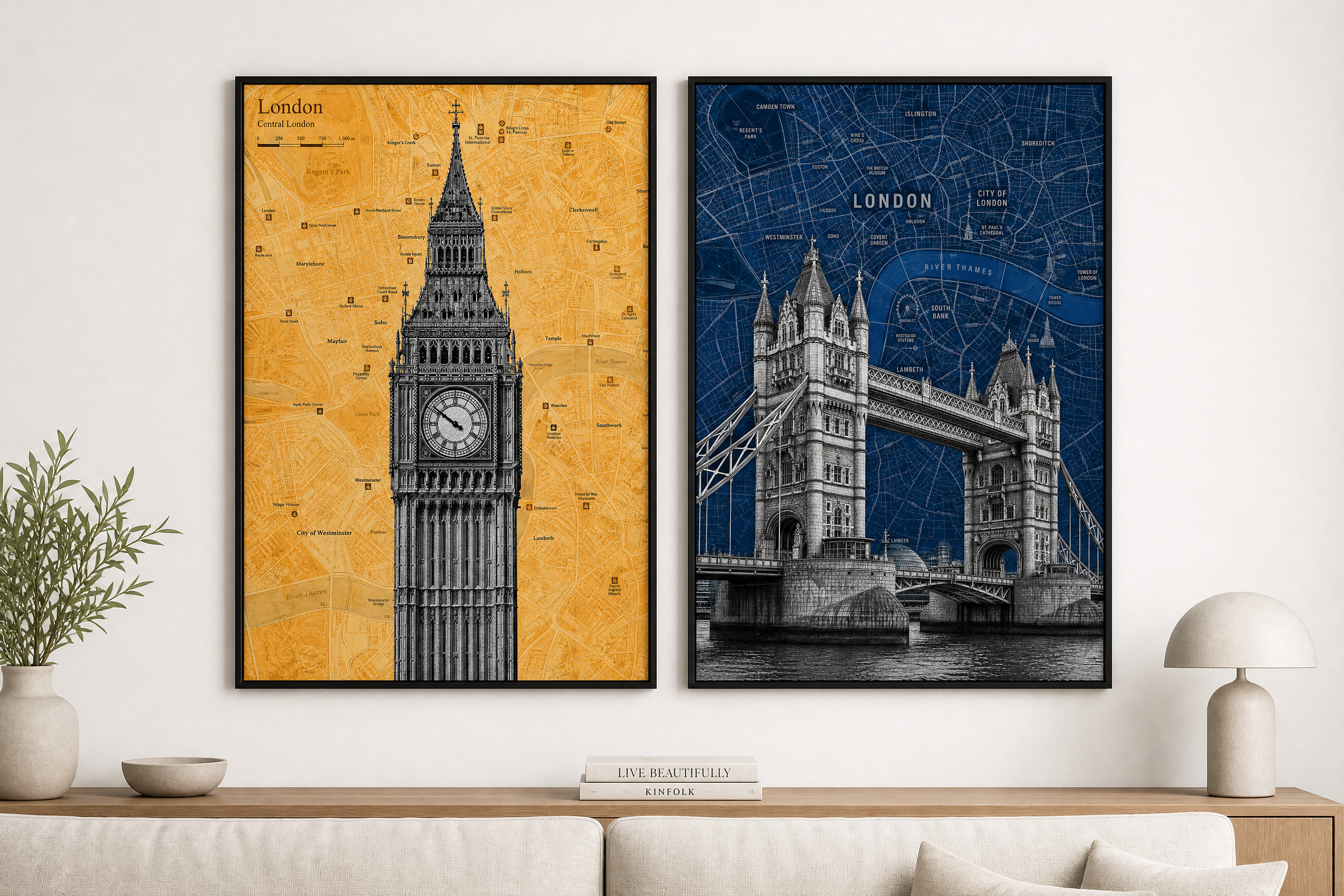 London map art print, both prints shown together