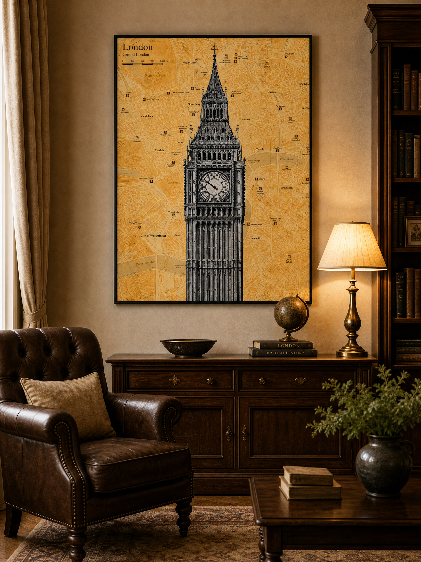 London map art print, Big Ben, framed mockup