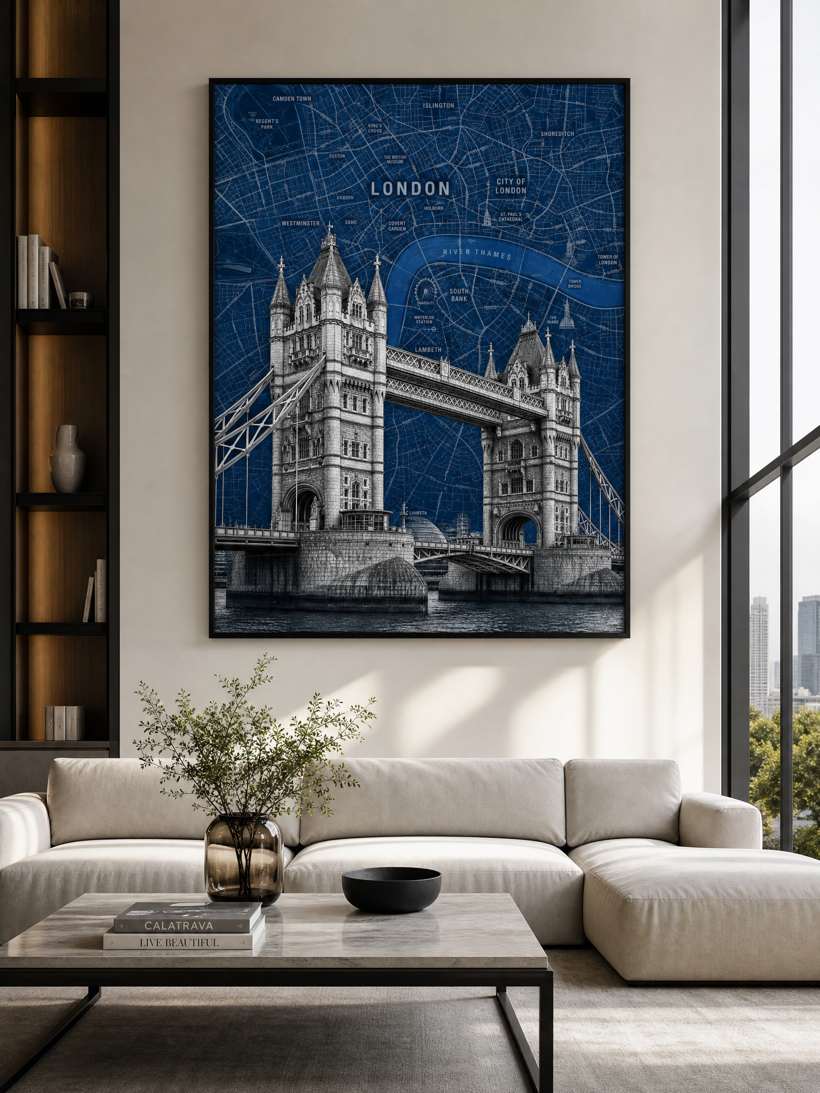London map art print, Tower Bridge, framed mockup