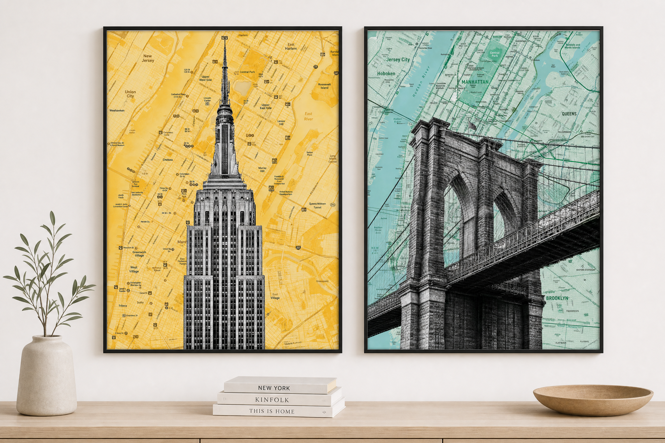 New York City map art print, both prints shown together