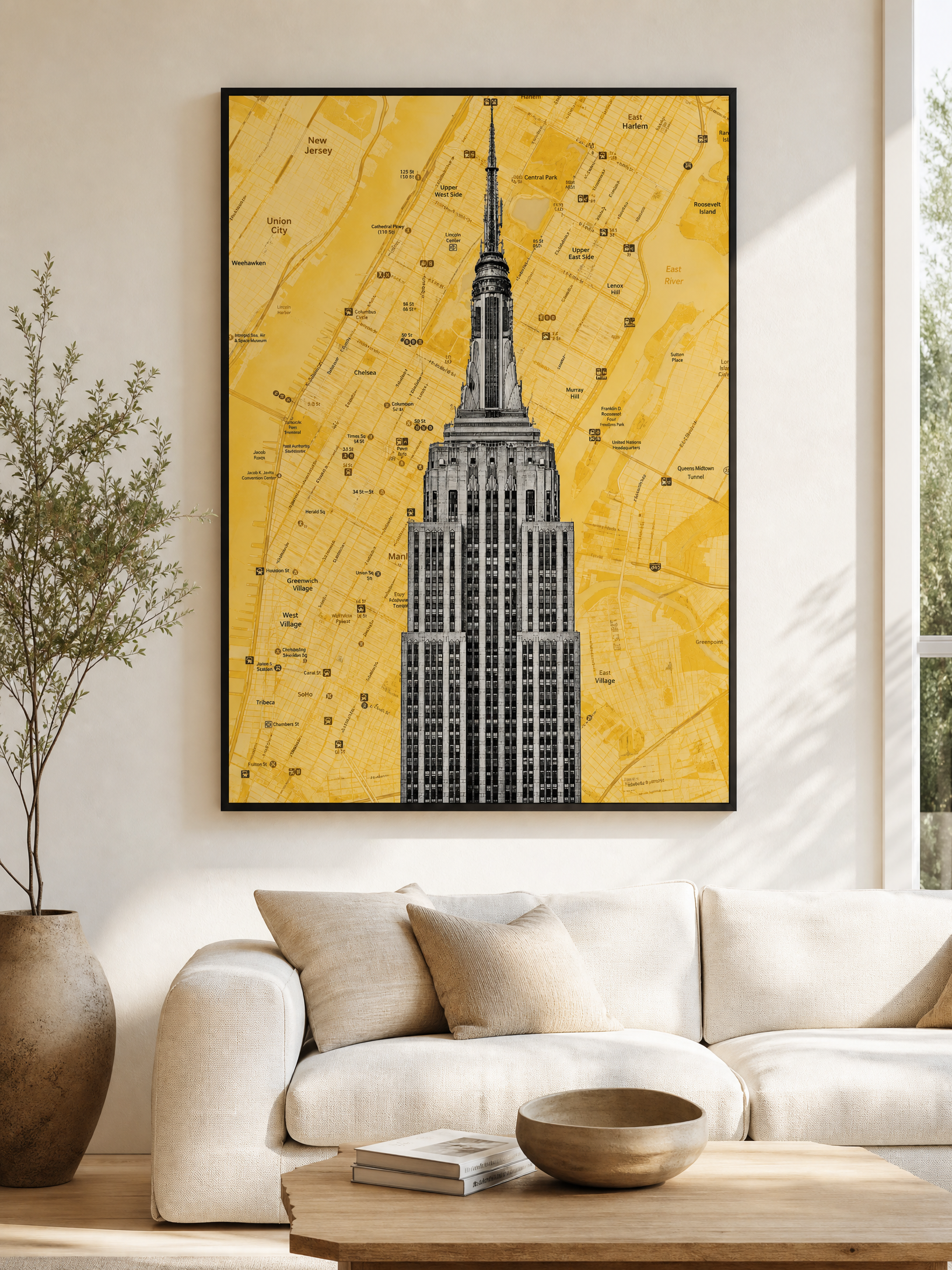 New York City map art print, Empire State Building, framed mockup