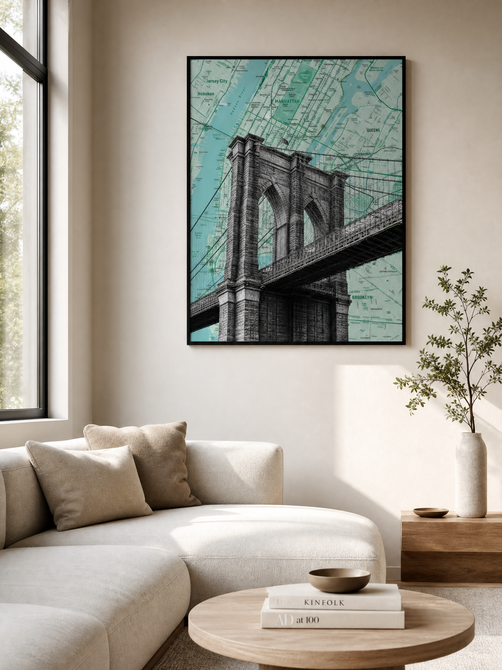 New York City map art print, Brooklyn Bridge, framed mockup