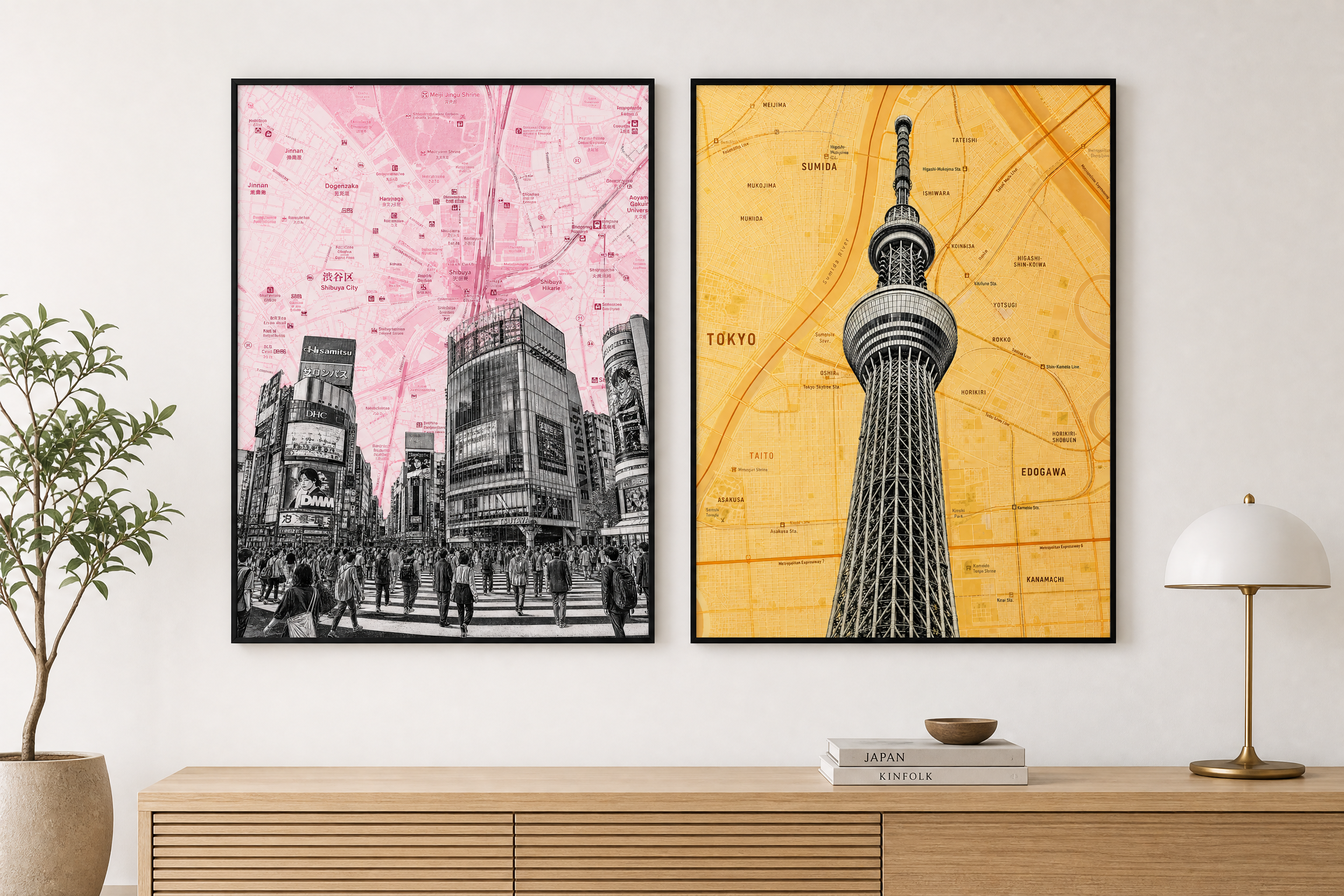 Tokyo map art print, both prints shown together