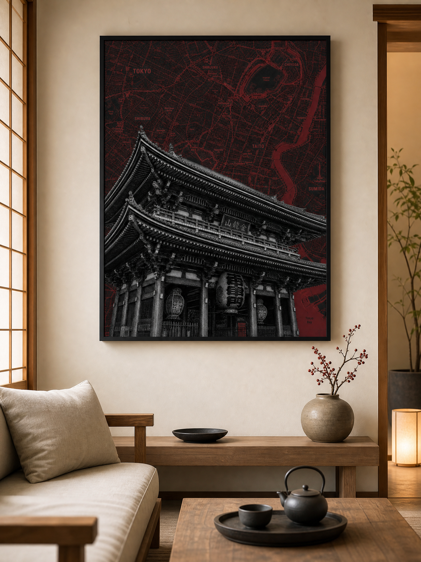 Tokyo map art print, Senso-ji Temple, framed mockup
