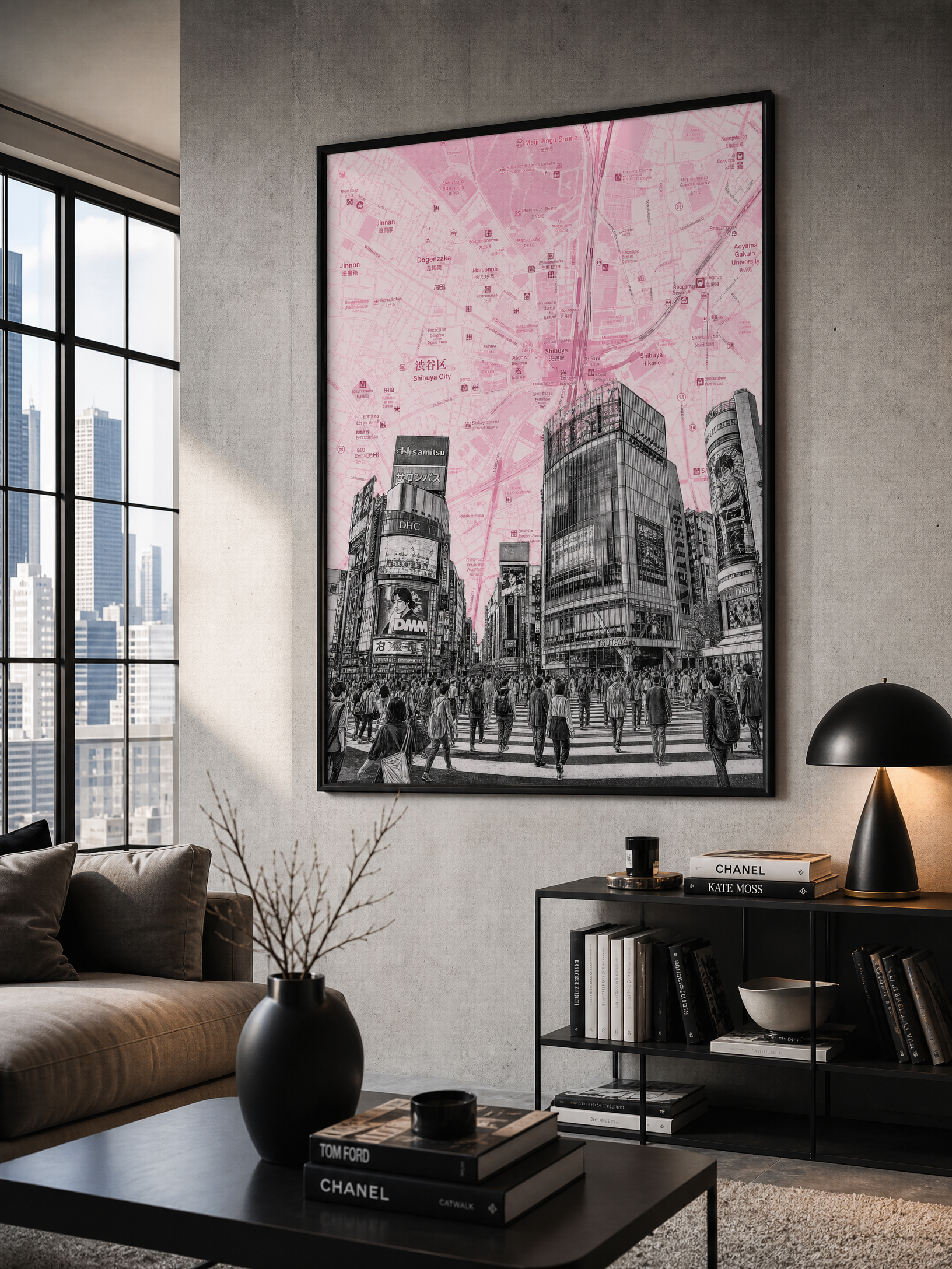 Tokyo map art print, Shibuya Crossing, framed mockup
