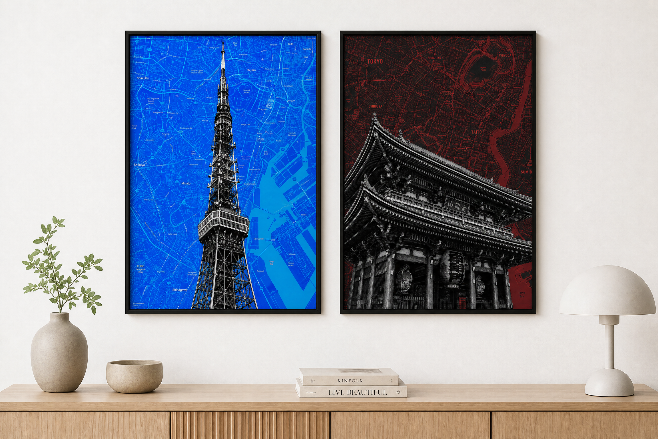 Tokyo map art print, both prints shown together