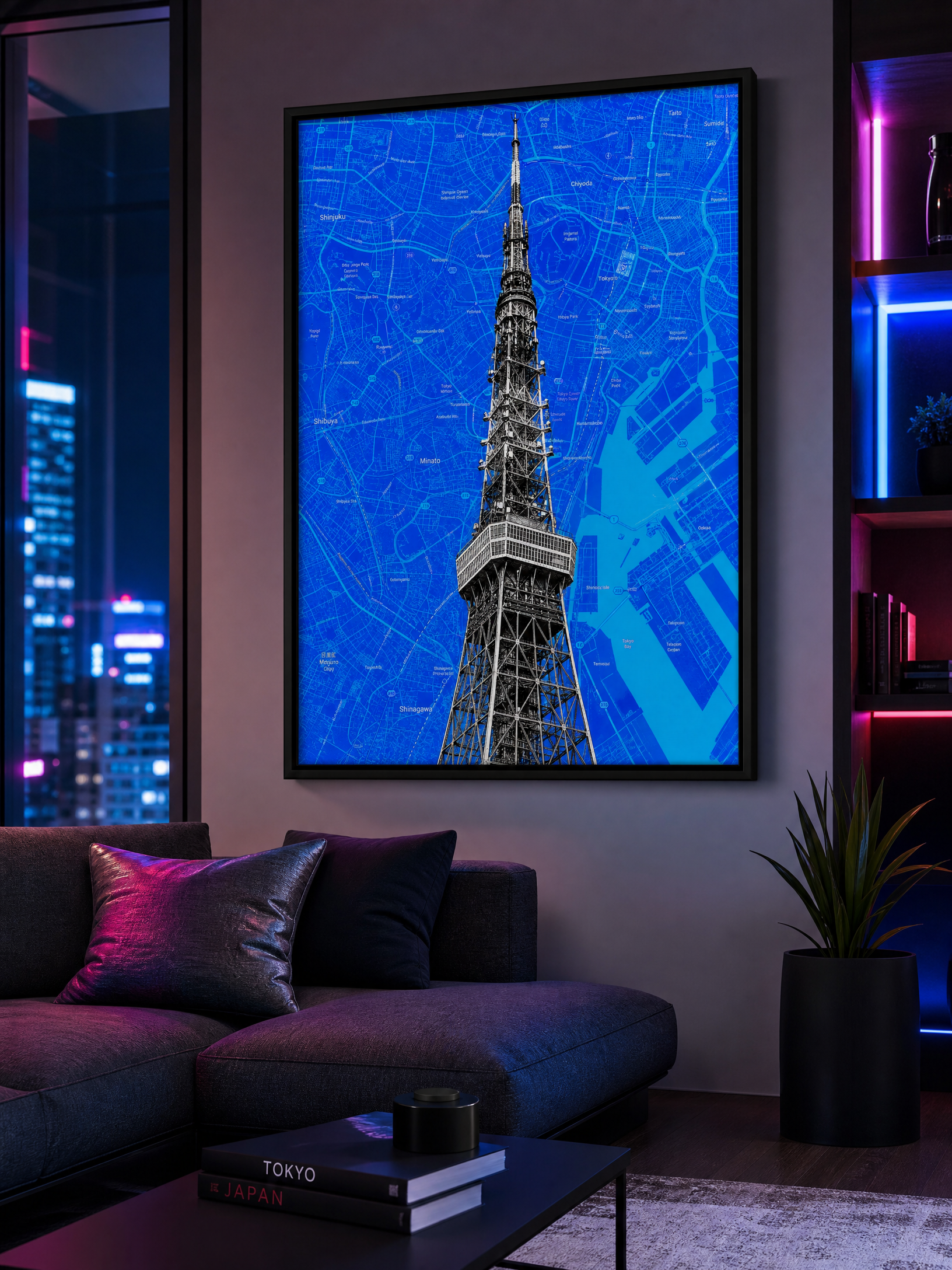 Tokyo map art print, Tokyo Tower, framed mockup