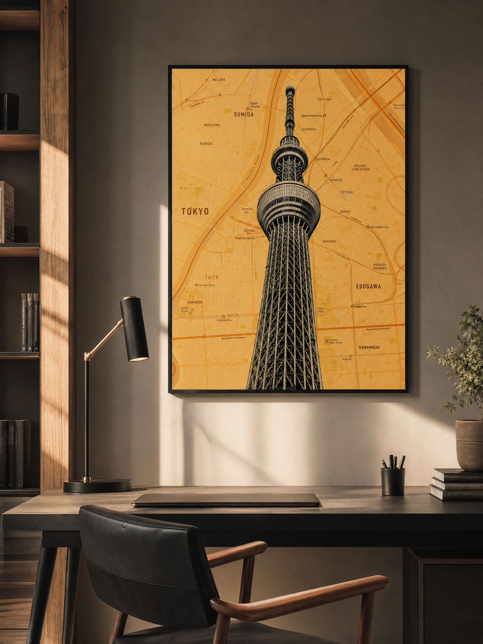Tokyo map art print, Tokyo Skytree, framed mockup