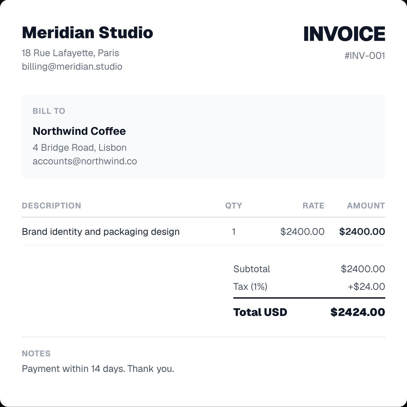 A finished invoice for 2,400 dollars of design work, ready to export
