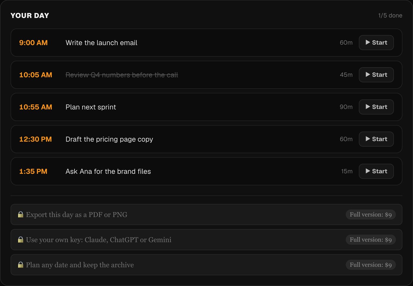 A planned day with clock times, durations and a Start button on each task